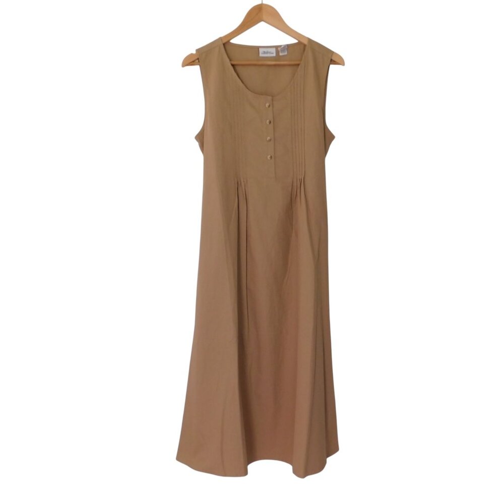 NEW Womens Cotton Pintuck Dress Long Tie Beige Sleeveless Modest Size Large